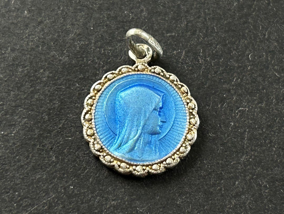 Vintage Dual Blue Enamel Religious Medal of Our Lady of Lourdes ...