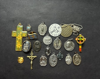 Vintage Religious Lot of 19 Medals: Celtic Cross, Miraculous Medal, Cross Pendant, St Anne Medal, 4Way, Holy Spirit