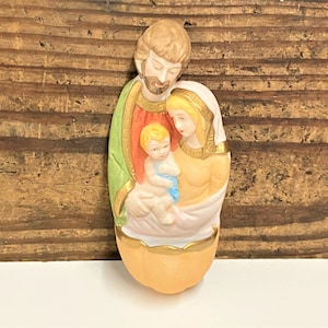 Vintage Bisque Holy Family Water Font, Flat Bisque Holy Water Font, Mary, Joseph and Jesus Holy Family Water Font