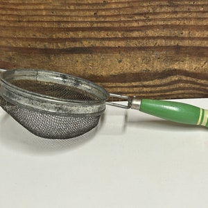Large Vintage Hand Held Strainer with Green Wooden Handle, Nice Old Metal Strainer, Vintage Kitchen Utensil, Country Farmhouse