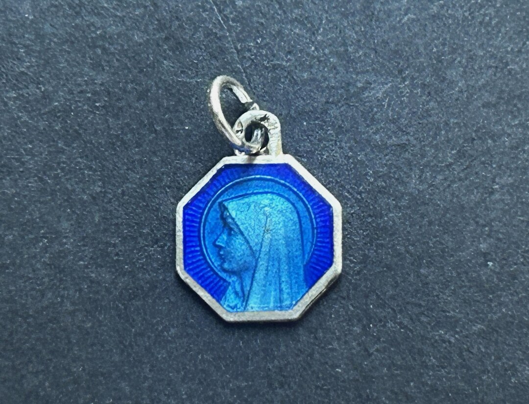 Vintage Art Deco Our Lady of Lourdes Medal, Small Blue Enamel Catholic ...