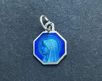 Vintage Art Deco Our Lady of Lourdes Medal, Small Blue Enamel Catholic Pendant