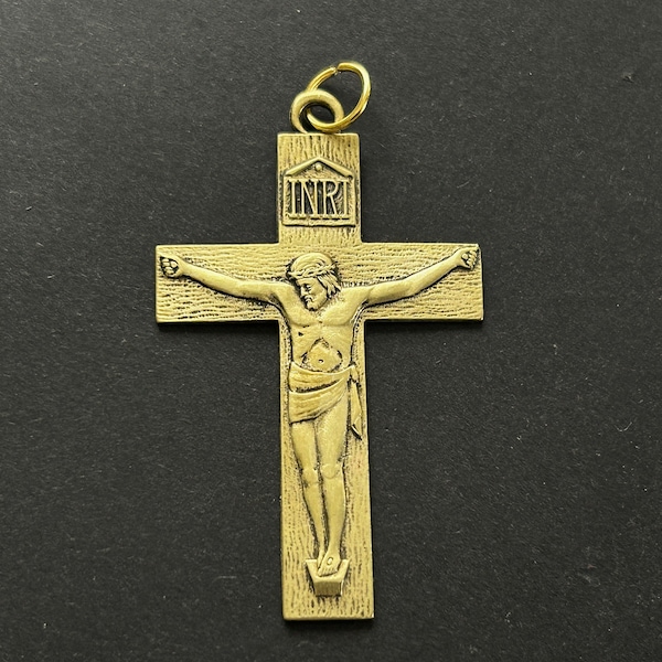 Vintage Brass Jesus Crucifix Pendant, Shrine of the Little Flower, Religious Brass Cross Pendant, Vintage Jesus Pendant, Religious Jewelry