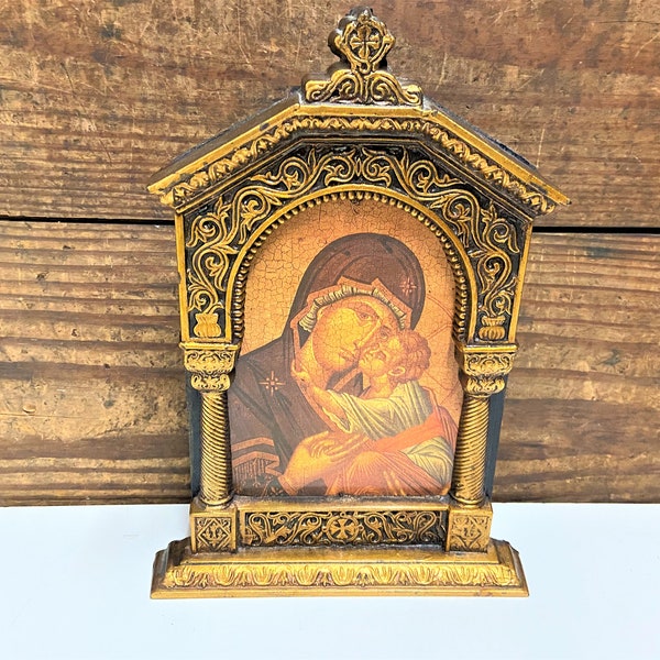 Beautiful Vintage Florentine Madonna and Child Shrine, Italian Florentine Free Standing Shrine or Wall Hanging, Vintage Religious Alter