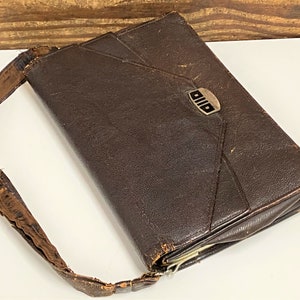 Cartera/monedero de cuero marrón antiguo, cartera de tres compartimentos, cartera de cuero antiguo, monedero de cuero antiguo con asa