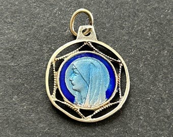Vintage Dual Blue Enamel Religious Cross Medal of Our Lady of Lourdes ...