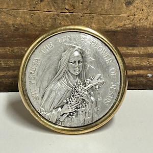 Antique St Therese Religious Small Standing Plaque, Wall Hung Plaque, Bow Detailing, Little Flower of Jesus, Antique Religious Metal Plaque