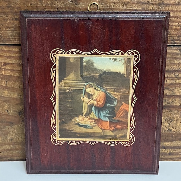 Vintage Virgin in Adoration 28K Gold Florentine Wall Plaque, Made in Italy, Italian Florentine Guild Wall Art, Vintage Religious Wall Plaque