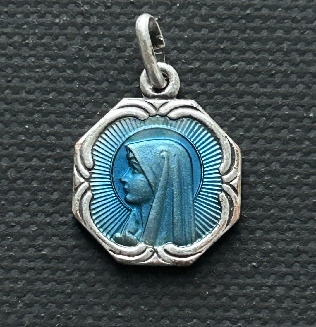 Vintage Blue Enamel Religious Medal of Our Lady of Lourdes, Apparition ...