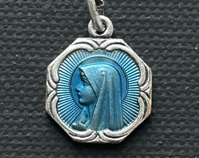 Vintage Blue Enamel Religious Medal of Our Lady of Lourdes, Apparition ...