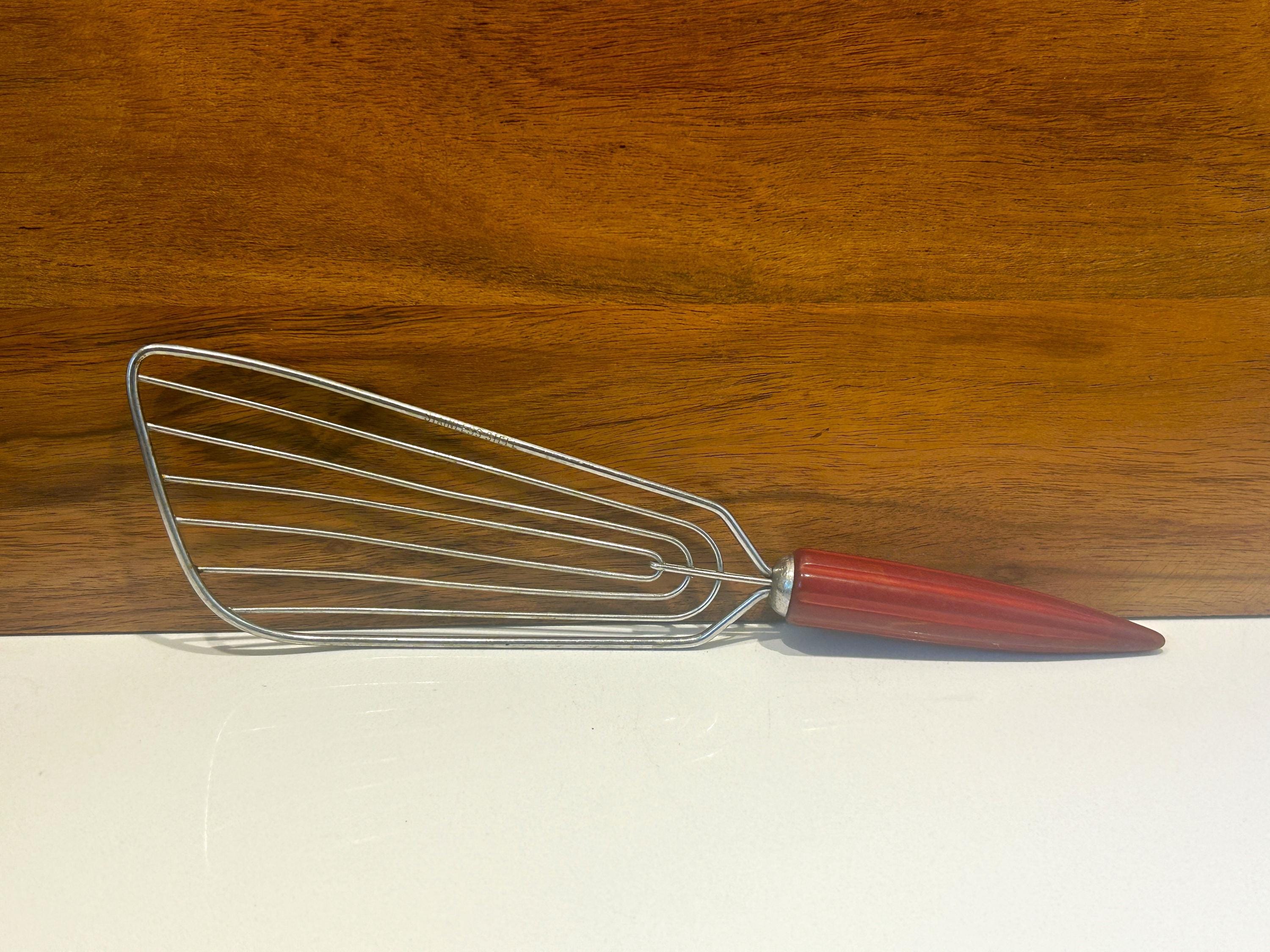 Vintage Metal Whisk with Bakelite Handle, Red Handle Whisk, Stainless Steel, Silver Metal Whisk, Vintage Kitchen Utensil