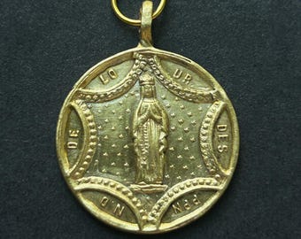 Antique French Notre Dame de Lourdes Medal, Apparition of Mary at the Grotto on the Reverse, Catholic Medal, Antique Brass Lourdes Medal