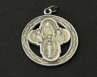 Vintage Sterling 4Way Religious Medal, St Joseph, Sacred Heart of Jesus, Miraculous Mary, St Christopher, Sterling Catholic Medal