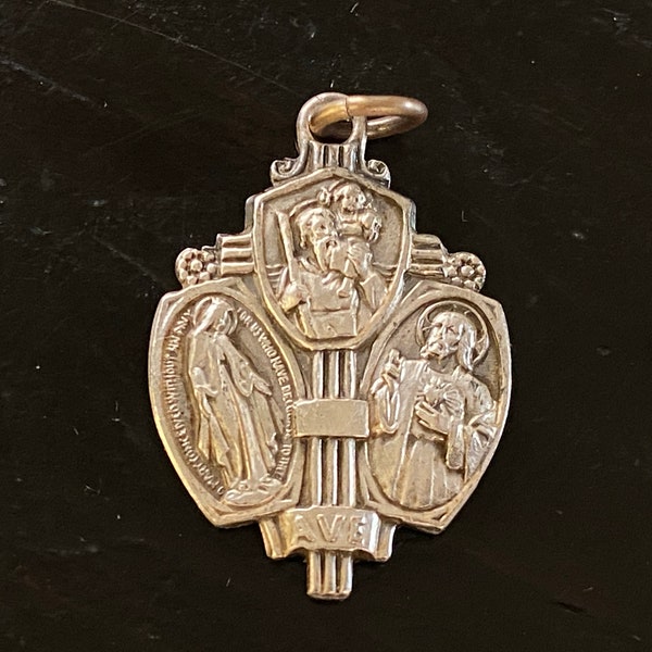 Antique Art Deco 3Way Religious Medal, Sacred Heart Jesus, Miraculous Mary and St Christopher, Catholic Medal, Vintage Scapular Medal