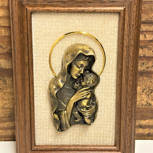 Vintage Religious Wall Plaque of Virgin Mary, Brass Virgin Mary Holding Baby Jesus, Italy Wall Plaque of Virgin Mary, Religious Wall Decor