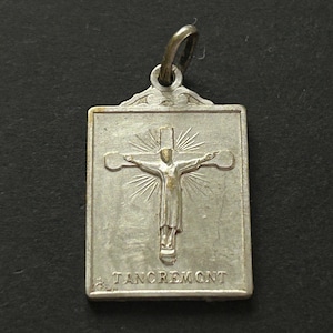 Antique Cross Medal, Souvenir of Tancremont, Iconography Christ of Tancremont, Silver Plate over Brass, Holy Cross of Tancremont