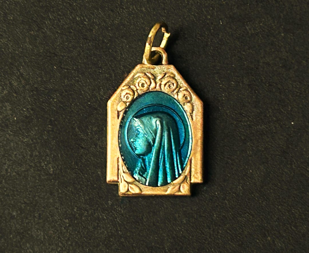 Antique Blue Enamel Religious Medal of Our Lady of Lourdes, Art Nouveau ...