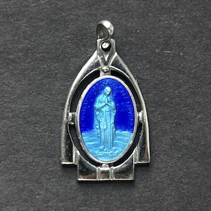 Vintage French Our Lady of Banneux Catholic Medal/Pendant, Our Lady of the Poor, French Religious Blue Pendant Medal, Virgin of the Poor