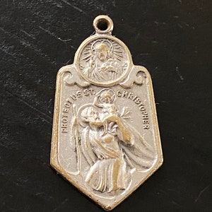 Antique 2 Way St Christopher and Sacred Heart Jesus Religious Medal, Patron Saint of Travelers, Antique Sacred Heart Medal, Catholic Medal