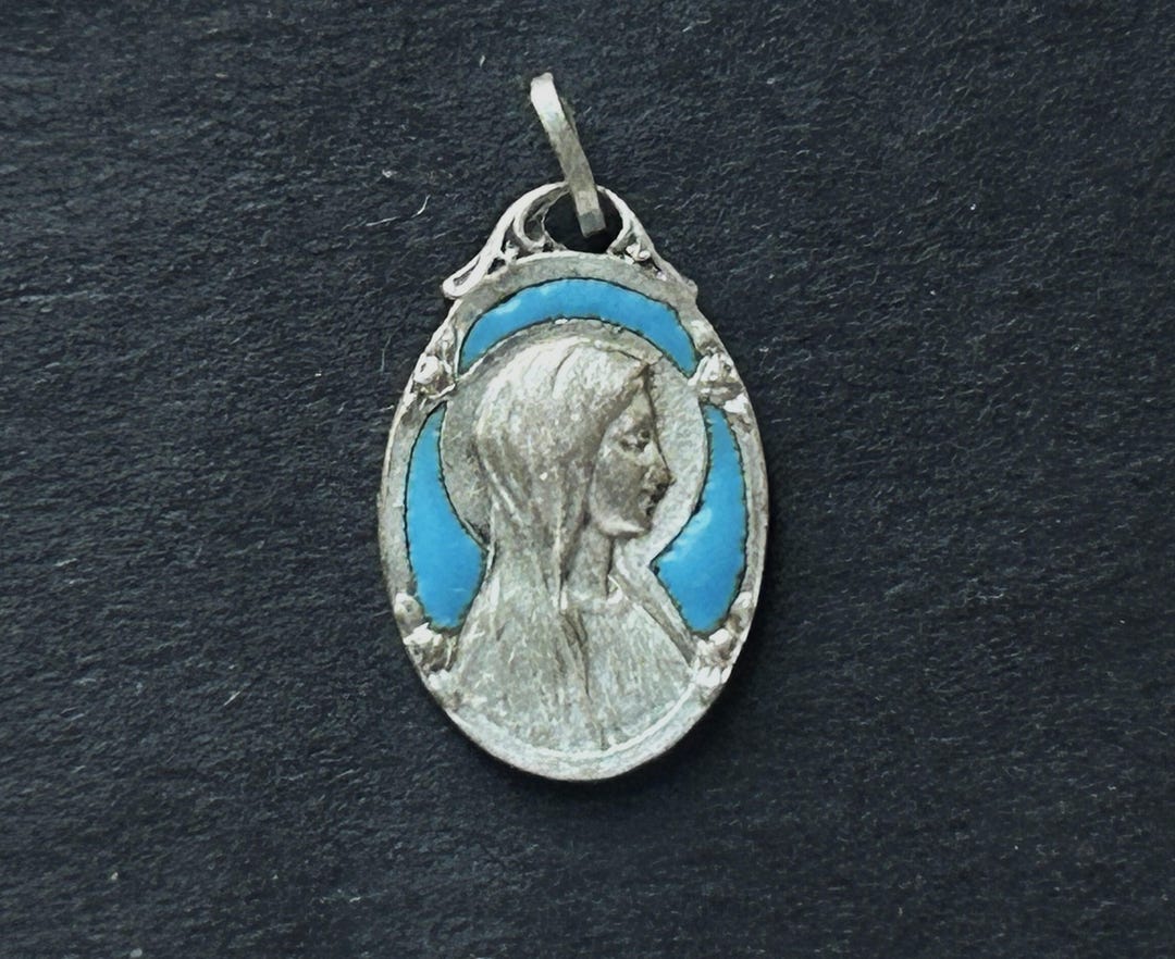 Vintage Blue Enamel Religious Medal of Our Lady of Lourdes, Apparition ...