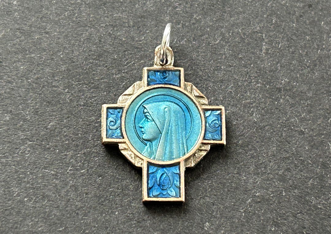 Vintage Dual Blue Enamel Religious Cross Medal of Our Lady of Lourdes ...