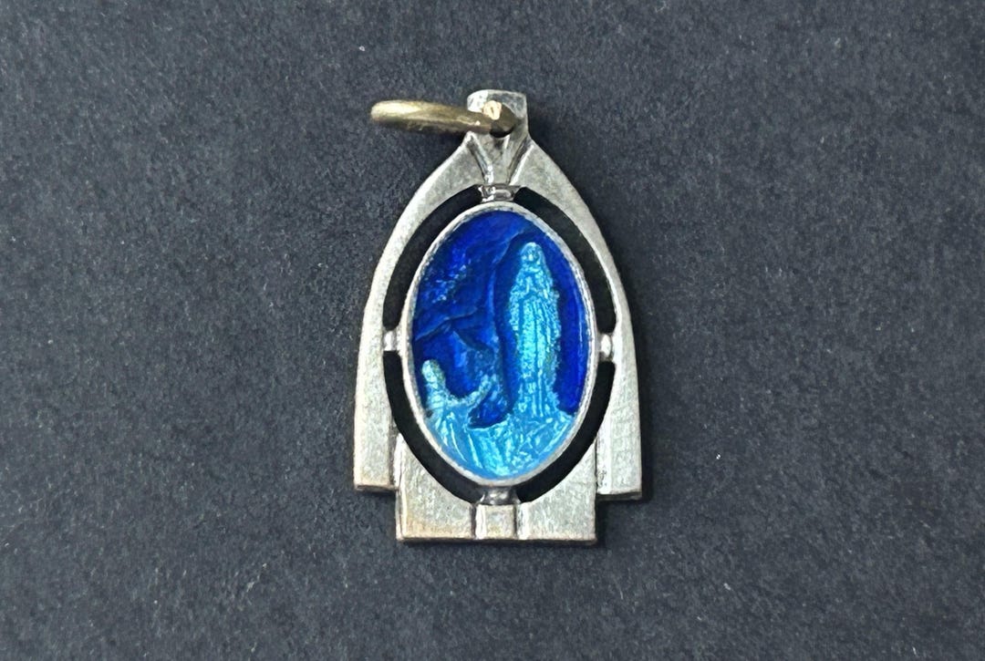 Vintage Two Toned Blue Enamel Religious Medal of Our Lady of Lourdes ...