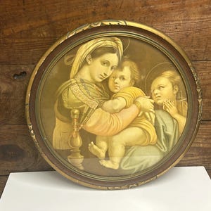 Antique Madonna Of The Chair By Raphael, Madonna and Child, Antique Wall Decor, Antique Gold Round Frame, Antique Religious Wall Decor
