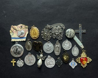 Lot of 21 Vintage Aluminum Religious Items, Miraculous Pendant, St Anthony, St Gerard, St Joseph, St Benedict, 4Way Medal