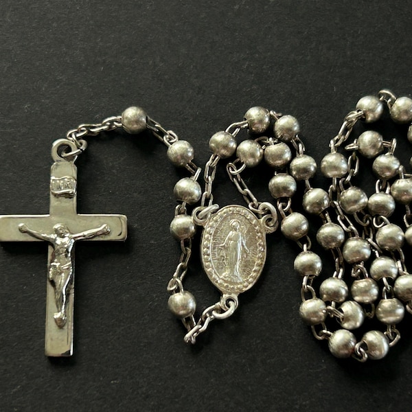 Vintage Sterling Silver Rosary, Sterling Crucifix, Small Round Silver Shaped Beads