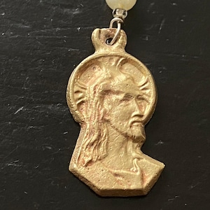 Vintage Brass Jesus Profile Medal, Jesus with Cross in the Background, Vintage Catholic Medal, Vintage Brass Jesus Pendant