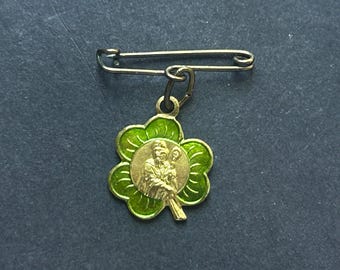 Vintage St Patrick Green Enamel Clover Leaf Religious Medal on Pin, The Apostle of Ireland Medal, Patron Saint of Ireland