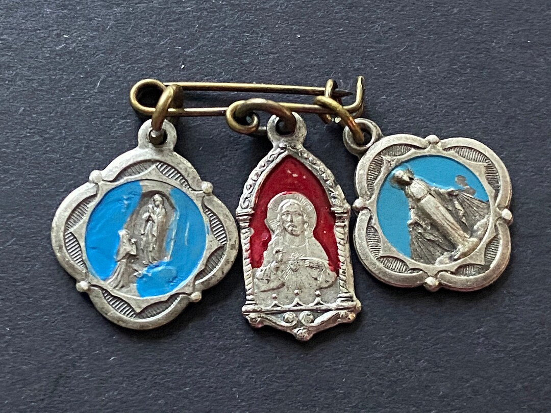 Vintage 3 Old Religious Medals on Old Pin Sacred Heart Etsy