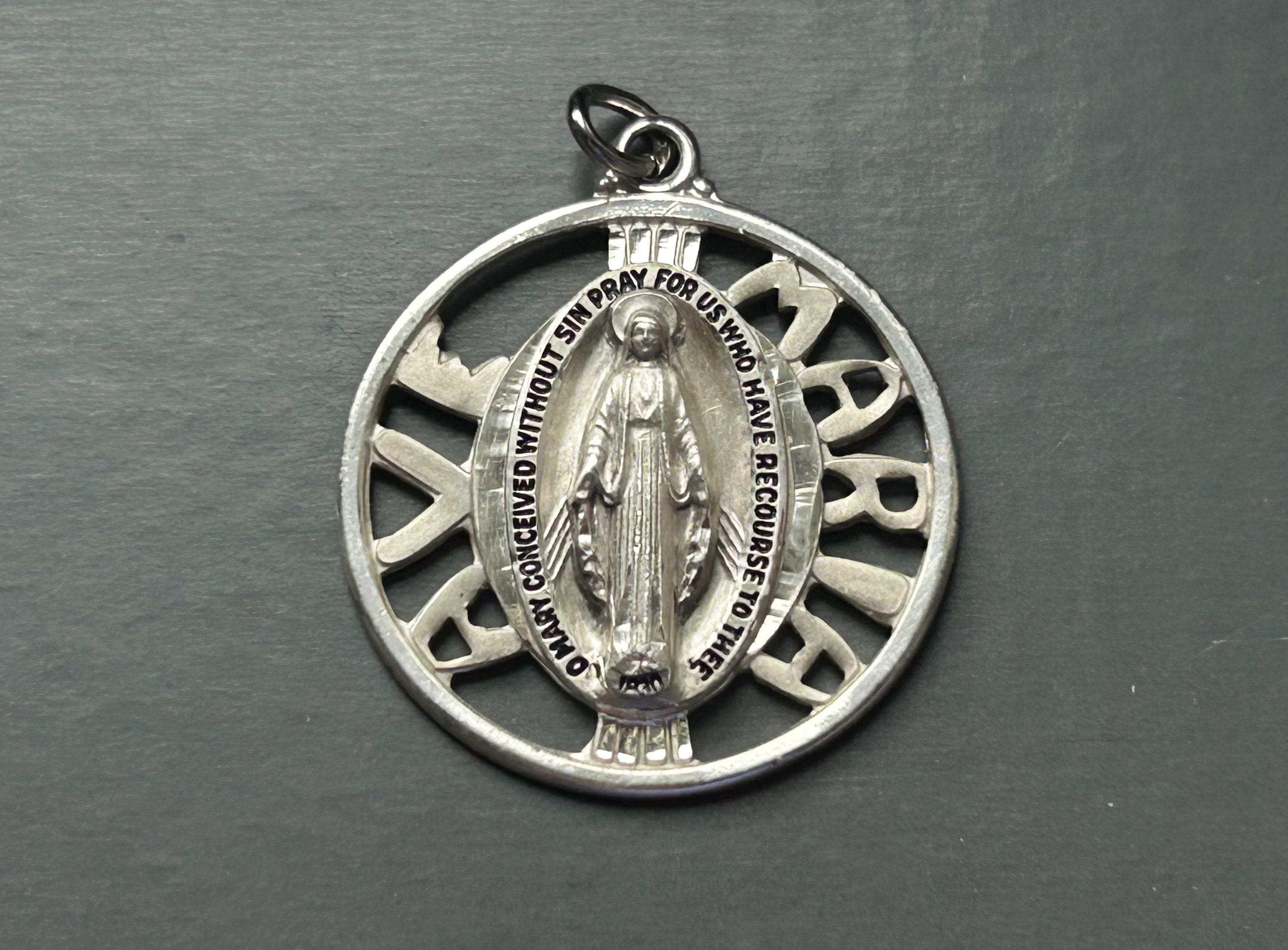 Vintage Sterling Ave Maria Religious Pendant, Miraculous Mary in the Center, Sterling Miraculous Pendant, Blessed Mother Medal