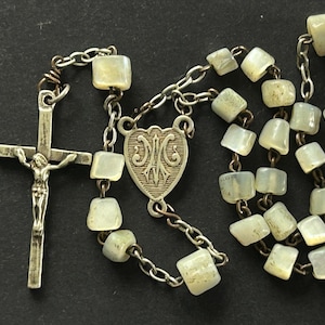 Antique Mother Of Pearl Rosary, MOP Beads, Silver Crucifix, Collectible Rosary, Antique Shell Bead Rosary, Off White Rosary, Smaller Size