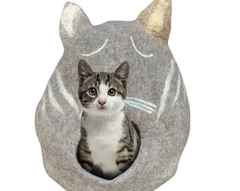 Wool Felt Cat Cave Bed With Ears and Tail, Handmade Cat House, Modern Cocoon Cat Bed, Cat Hideaway Cozy Kitty House, Cute Cat Bed Furniture