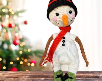 Crocheted Christmas Snowman by KFRod | Standing Stuffed Snowman Amigurumi | Frozen Snowman Plush Toy | Miniature Snowman Decor