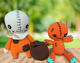 Crochet Sam Trick or Treat Halloween Doll and Zombie Plush Toy & Candy Bag, Handmade Spooky Doll, Stuffed Halloween Doll, Halloween Decor