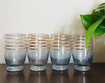 Set of 4 Vintage Blue Glass Tumblers Gold Striped