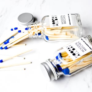 Royal Blue Wooden Matches in Glass Bottle with Strike Strip / Perfect for Gifts, Wedding Favors, Bridesmaid Gifts, Bachelorettes and Home
