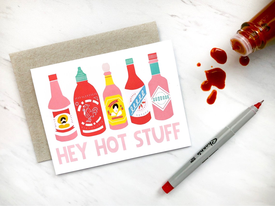 Modern Valentines Day Card / hey Hot Stuff Hot | Etsy