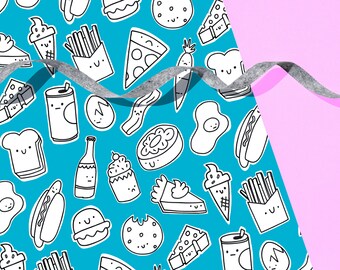 Snack Time Wrapping Paper Sheet (Teal) / 29" x 20" Sheet / Gift Wrap / Cute