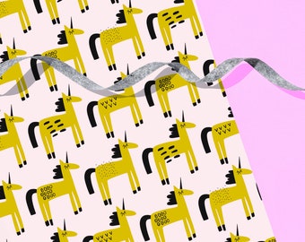 Unicorn Gift Wrap / Wrapping Paper - Mustard & Blush / 29" x 20" Sheet / Gift Wrap / Modern