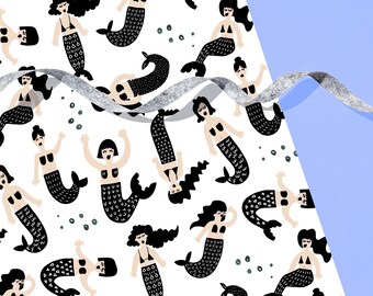 Modern Mermaid Gift Wrap 29" x 20" Sheet / Black and White Wrapping Paper Sheet