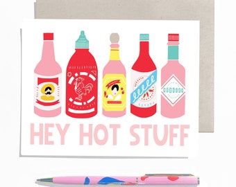 Modern Love and Romance Card / "Hey Hot Stuff" - Hot Sauces / with Kraft Envelope - Handmade / Modern