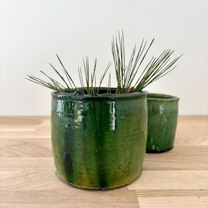 Może przedstawiać: Dwa zielone ceramiczne doniczki, jedna większa od drugiej, z błyszczącym wykończeniem. Większa doniczka zawiera zielone łodygi roślin. Doniczki są cylindryczne i stoją na jasnej drewnianej powierzchni. Doniczki mają rustykalny, ręcznie robiony wygląd.