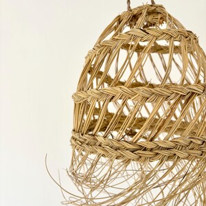 May include: A woven, natural-toned pendant light fixture. The light has a rounded, cage-like design with a braided top and a hanging loop. The bottom of the light has long, loose strands of the same material.