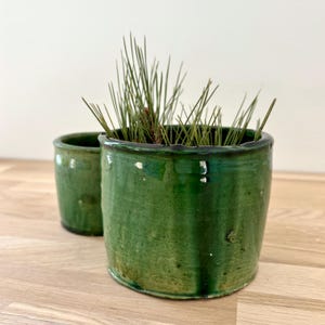Może przedstawiać: Dwie zielone ceramiczne donice, jedna na pierwszym planie i druga w tle. Przednia donica jest wypełniona zielonymi igłami sosny. Donice mają błyszczące wykończenie i stoją na drewnianej powierzchni.