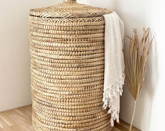 Cesto para la ropa sucia de mimbre marroquí con tapa – Cesto para la ropa sucia natural hecho a mano – Cesto grande de almacenamiento bohemio