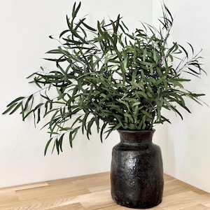 May include: A dark brown, textured ceramic vase with a wide base and a narrow neck, containing a large, sprawling arrangement of long, slender, dark green leaves that extend outward in multiple directions, creating a full, organic display.