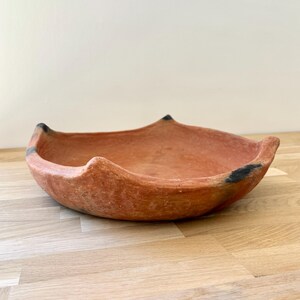 Può includere: Una ciotola in terracotta rotonda e poco profonda con una finitura opaca color marrone rossastro. Il bordo presenta quattro punte distinte rivolte verso l'alto, ciascuna accentuata da una piccola macchia color carbone scuro e forma unica.